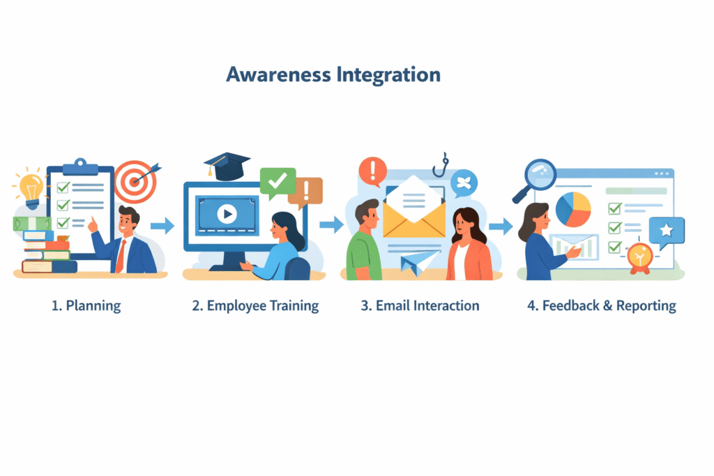 A four-step process diagram for awareness integration: Planning, Employee Training, Email Interaction, and Feedback & Reporting.