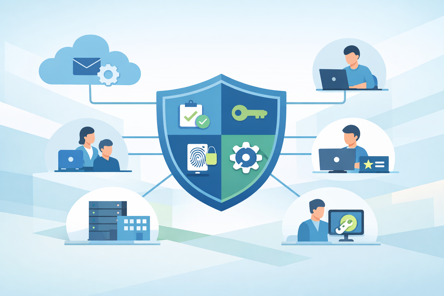 Managed IAM support services shown as layered IAM integration from identity systems to business applications