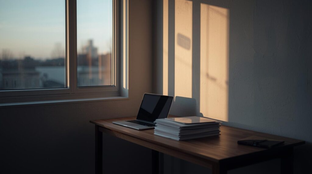 Minimalist office desk with laptop and documents representing user access review support workflow and compliance needs