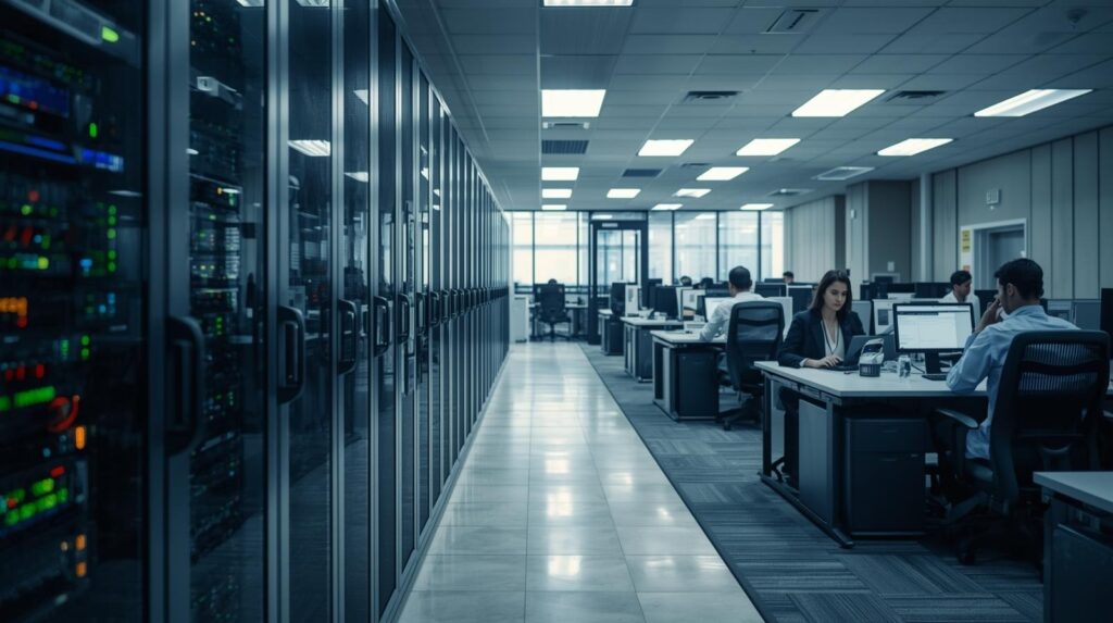 Modern data center with servers demonstrating securing identities cloud on prem hybrid infrastructure setup