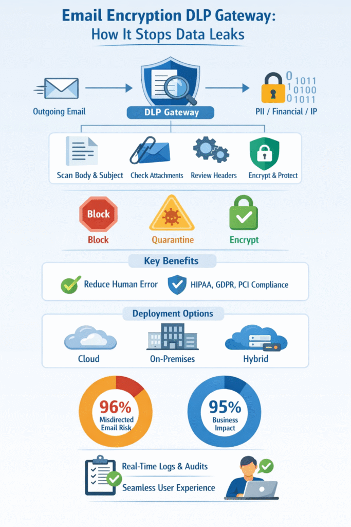 Diagram of email encryption DLP gateway preventing data leaks across cloud and hybrid environments