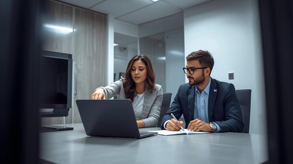 Business professionals collaborating on reducing identity related risks strategy using laptop and documentation