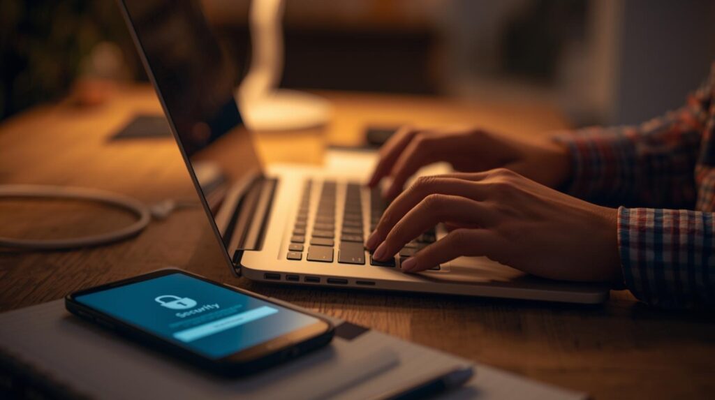 Person working on laptop with security phone app for reducing identity related risks through authentication methods