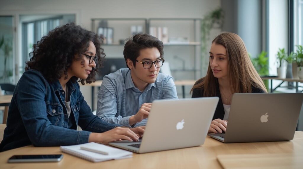 Team collaborating on laptops to implement Managed Web Application Firewall (WAF) solutions for web security