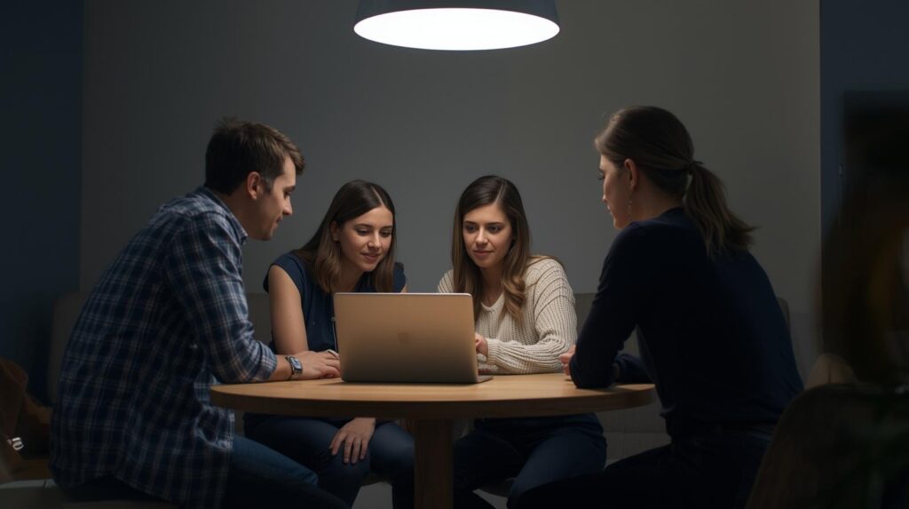 Team collaborating on laptop reviewing managed waf service benefits for enhanced application security strategy