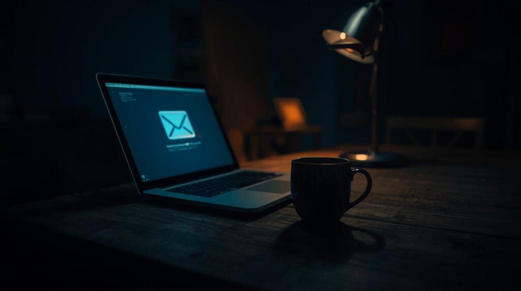 Laptop displaying advanced threat protection email security system with glowing envelope icon in dark workspace setting
