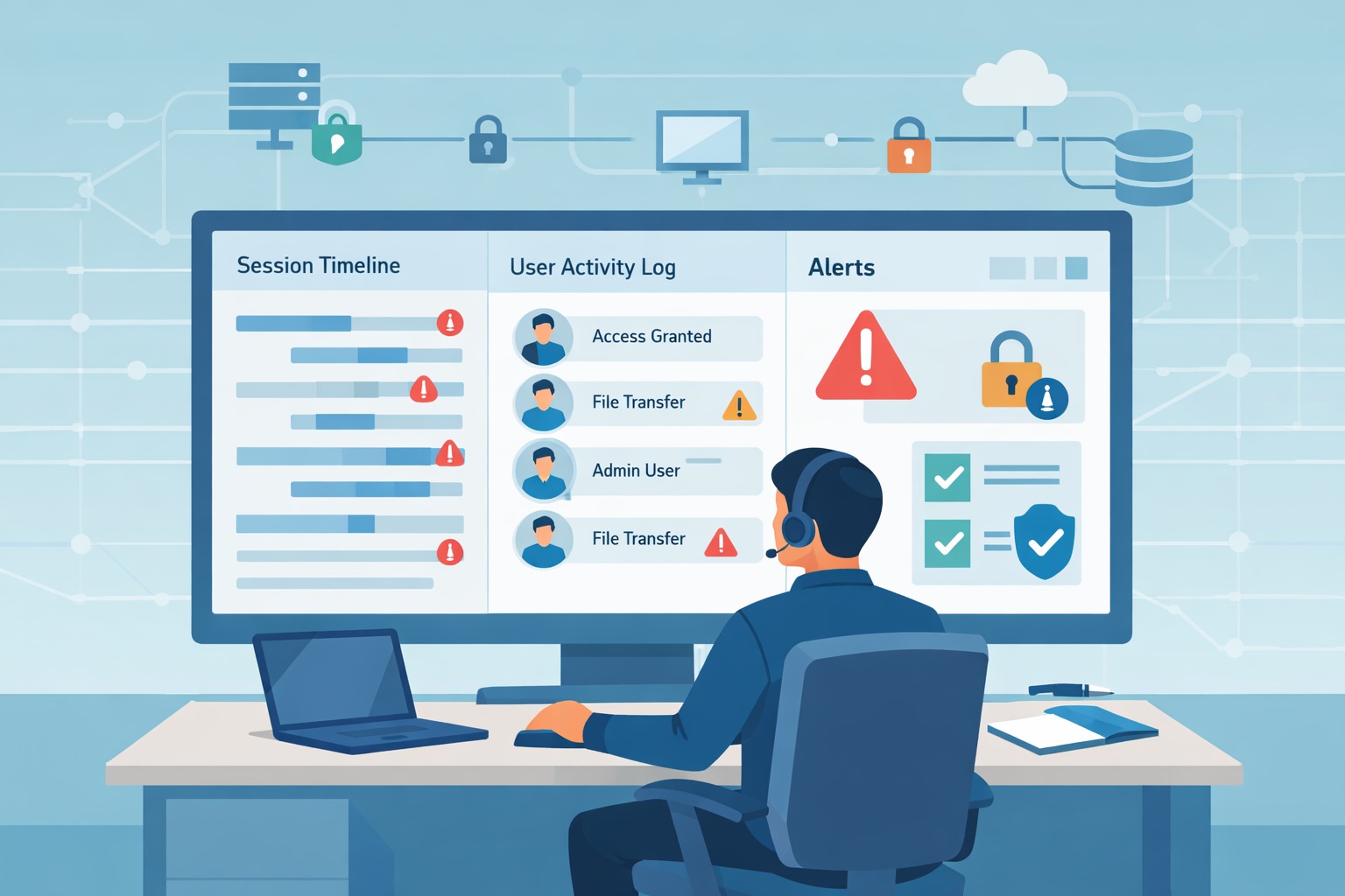 Monitoring Privileged Access Management (PAM) dashboard showing session timelines, user activity logs, and alerts