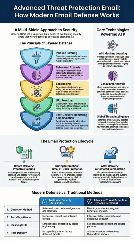 Infographic explaining advanced threat protection email layers including filtering, sandboxing, and behavioral analysis