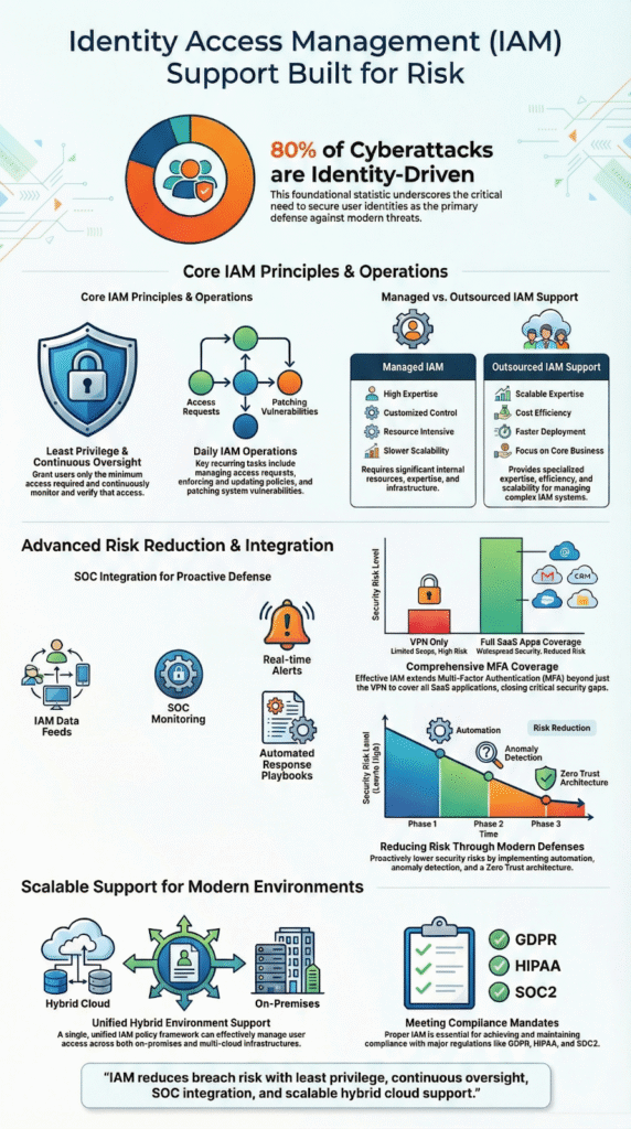 Identity Access Management (IAM) Support overview illustrating risk reduction, SOC integration, and compliance management