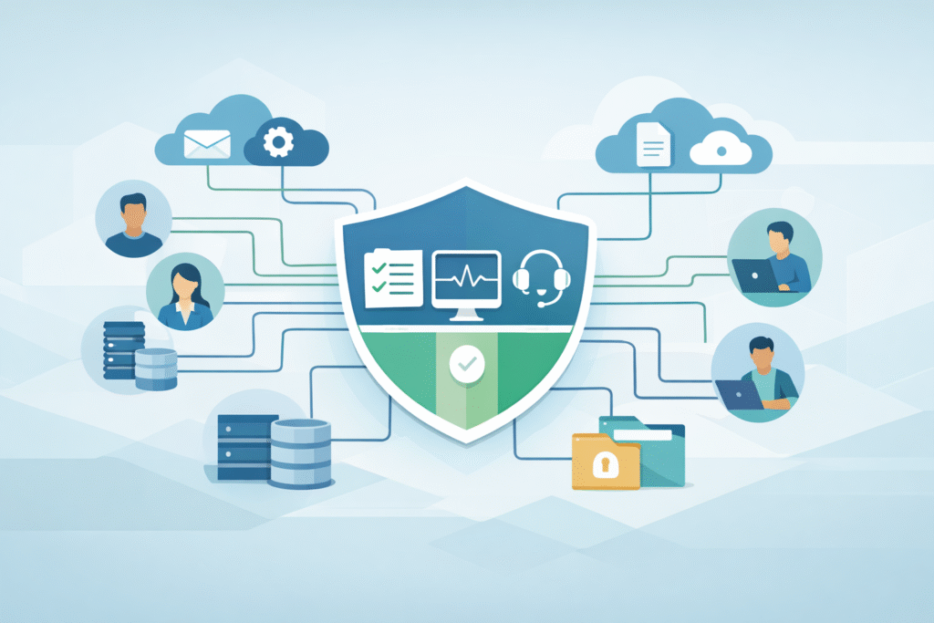 Identity Access Management Support (IAM) illustrated as a central identity hub connecting users, cloud apps, and data systems