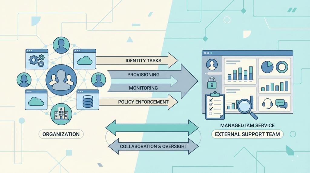 Identity Access Management (IAM) Support illustration of an organization delegating identity tasks to an external service team