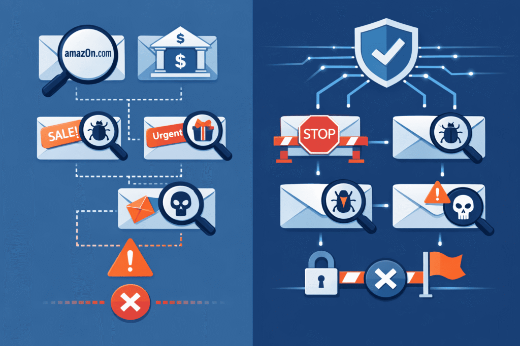 A laptop displaying a clean, secure inbox next to a shield icon that is filtering out spam and skull-marked malicious emails.
