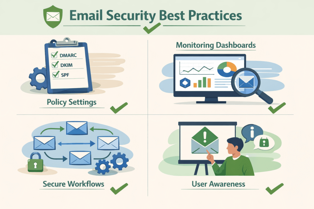 A four-panel infographic showing best practices: policy settings (DMARC/SPF), monitoring dashboards, secure workflows, and user awareness training.