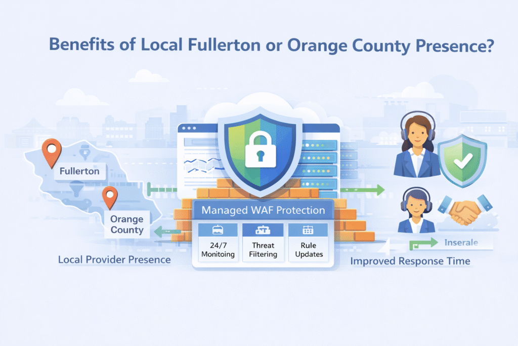Choosing manage WAF provider in Fullerton showing local presence benefits with Orange County support and trust icons