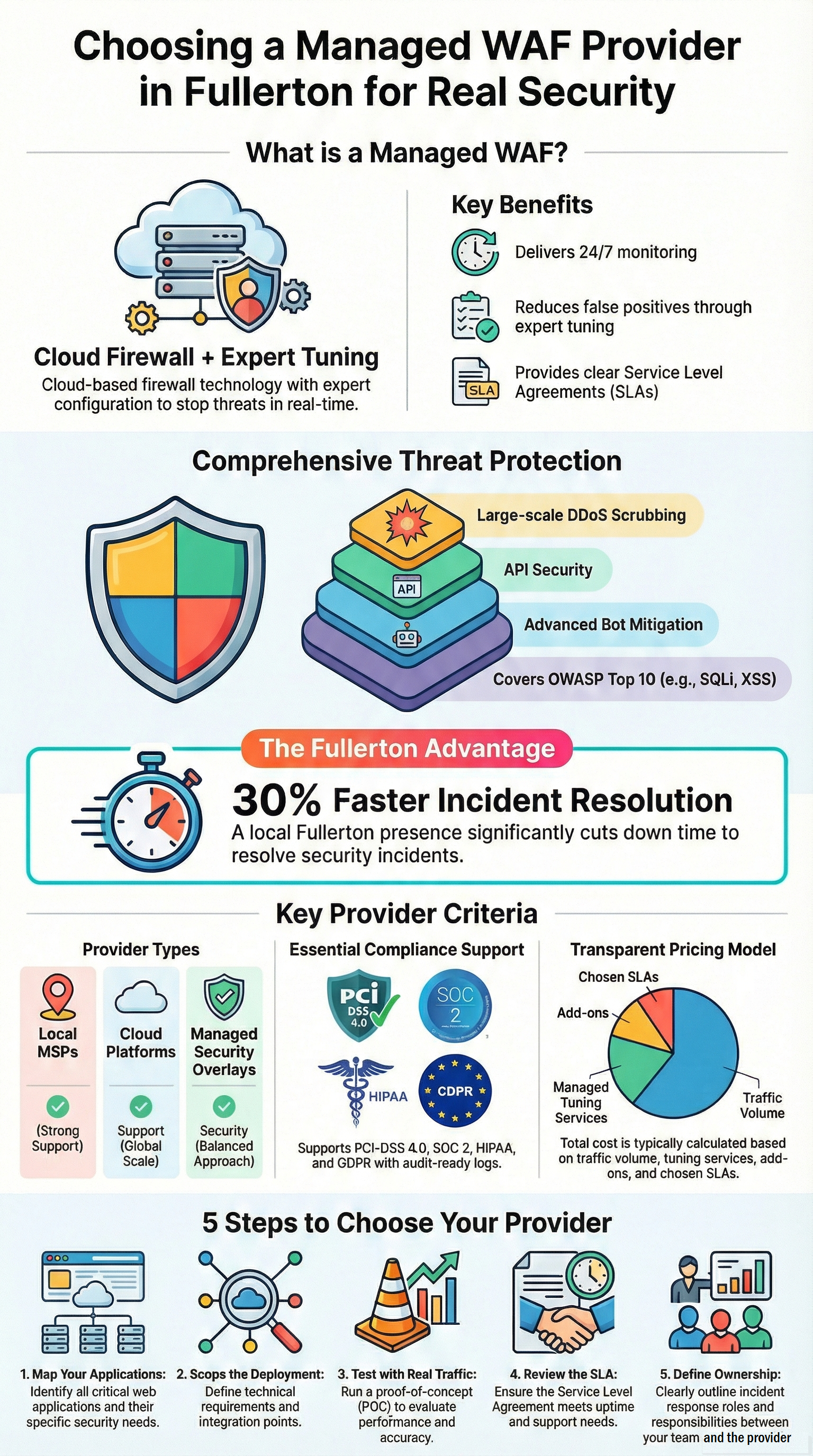 Choosing manage WAF provider in Fullerton infographic showing key benefits, compliance support, and provider selection steps