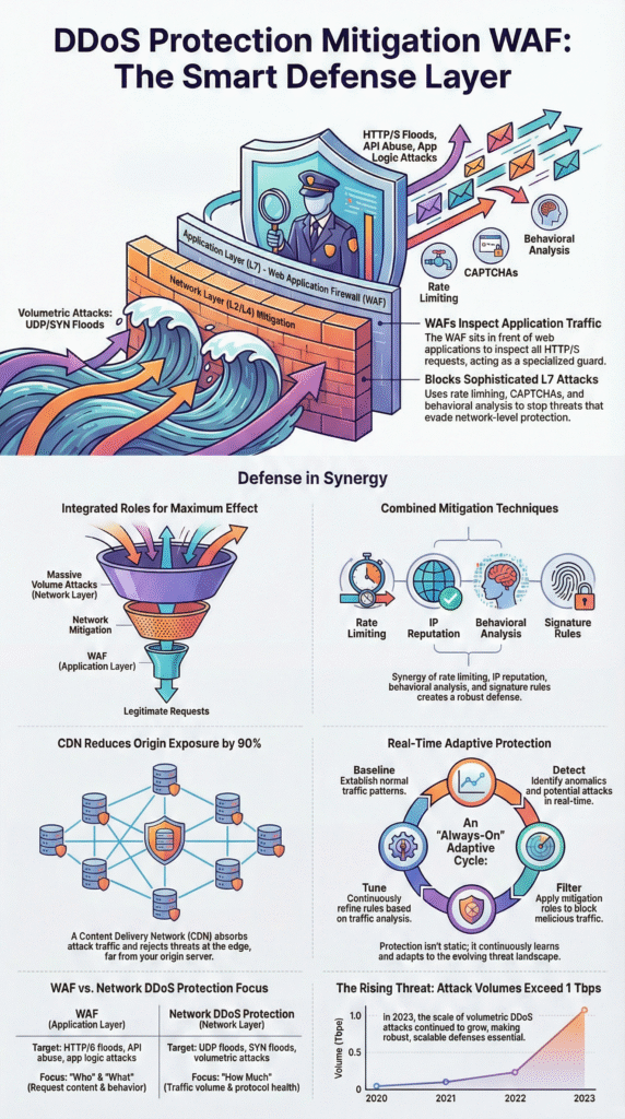 DDoS Protection Mitigation WAF infographic showing layered defense synergy with rate limiting and behavioral tools