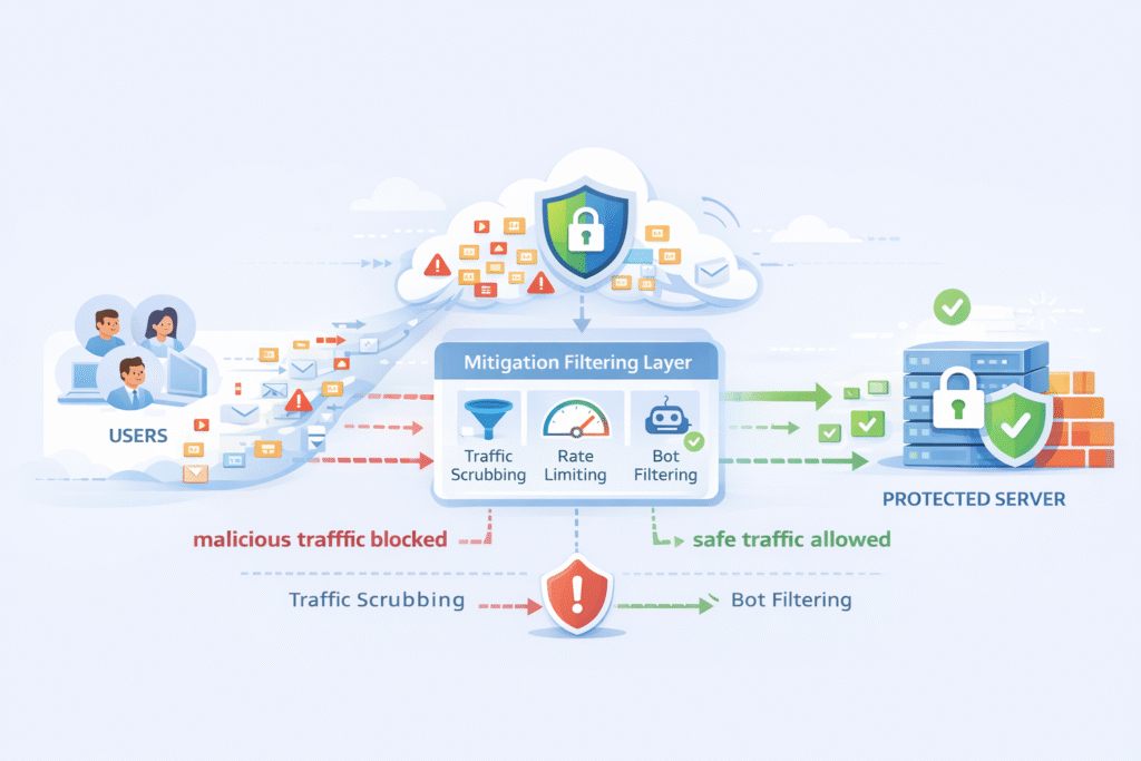 DDoS Protection Mitigation WAF mitigation layer filtering attack traffic before reaching protected servers