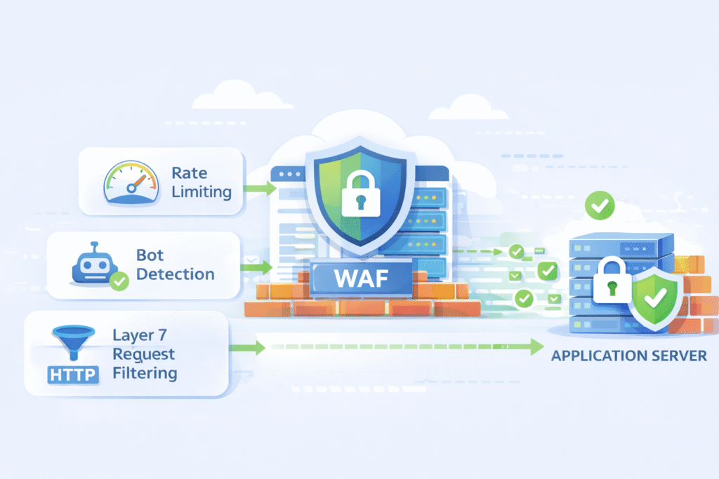 DDoS Protection Mitigation WAF showing rate limiting, bot detection, and Layer 7 request filtering blocks