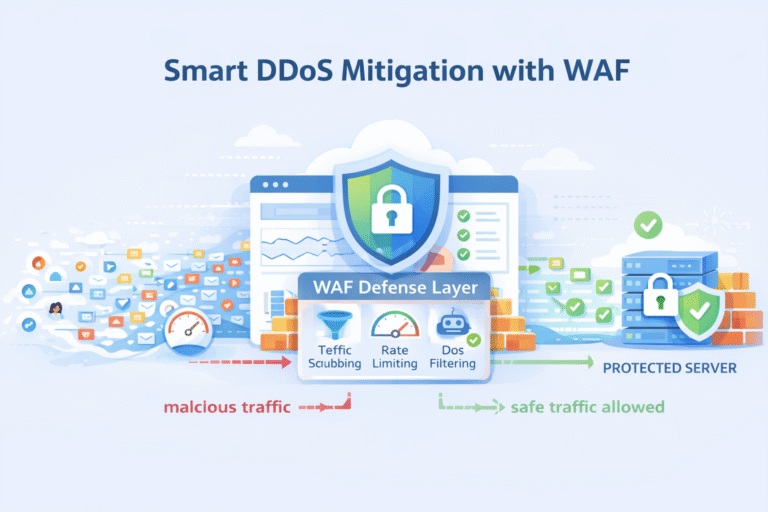 Smart DDoS Protection Mitigation WAF illustration showing firewall defense layer against traffic surges