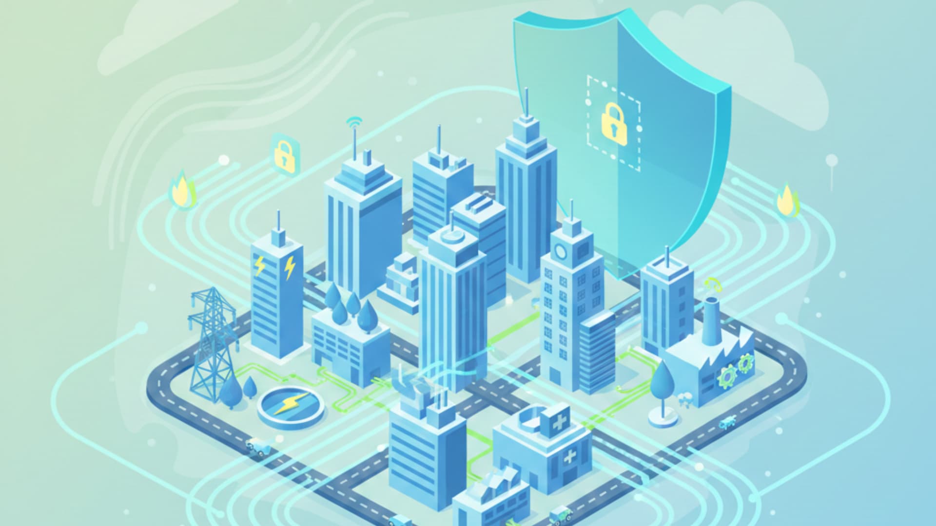 Securing the digital landscape: An isometric cityscape with cybersecurity elements, representing the need to fortify critical infrastructure against threats.