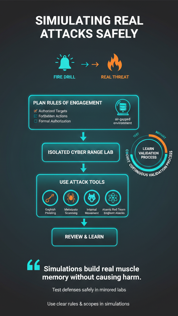 Simulating real world attacks safely using red, blue, and purple team collaboration to test modern cyber defense strategies
