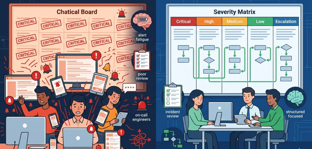 A clean 2D illustration defining alert severity levels using a defensive shield interface that protects business data by categorizing incoming threats like ransomware and DDoS into prioritized response tiers.