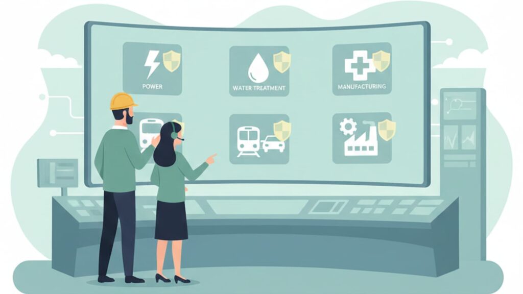 Securing essential services: Individuals monitoring a digital interface showcasing key infrastructure safeguards against disruptions.