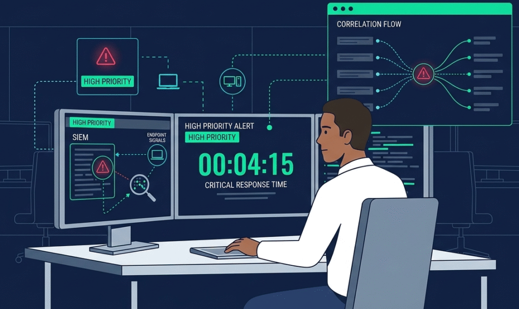 An organized illustration for a security operations center (SOC), mapping out the essential Incident Investigation Analysis Steps within a clear digital dashboard. The visualization walks through analyzing the timeline, determining root cause, measuring business impact, and implementing corrective actions, with an analyst reviewing the results on a laptop.