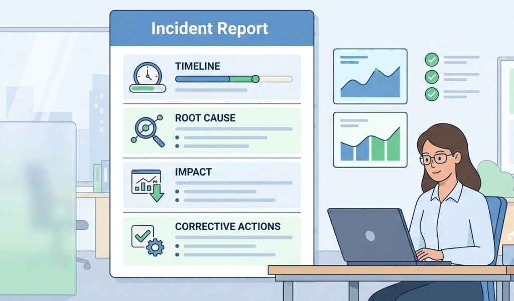 An illustrative view of a completed cybersecurity review, emphasizing how following established Incident Investigation Analysis Steps leads to clear remediation. The image features a focused female analyst and a structured report that effectively categorizes data on the event timeline, root cause analysis, overall impact, and subsequent corrective actions, ensuring future protection.