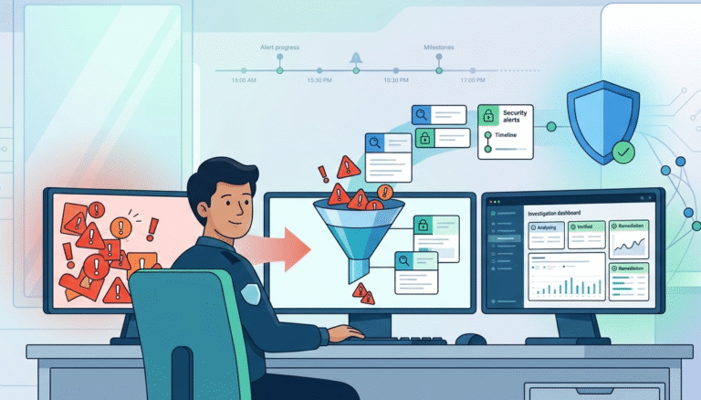 A 2D flat vector illustration showing a Cybersecurity Incident Investigation Report interface. On the left, a digital panel details four key Incident Investigation Analysis Steps: Timeline, Root Cause, Impact, and Corrective Actions, each marked with a corresponding icon. On the right, a focused security analyst reviews this report on her laptop beside organized data charts and checkmarks, demonstrating successful remediation.