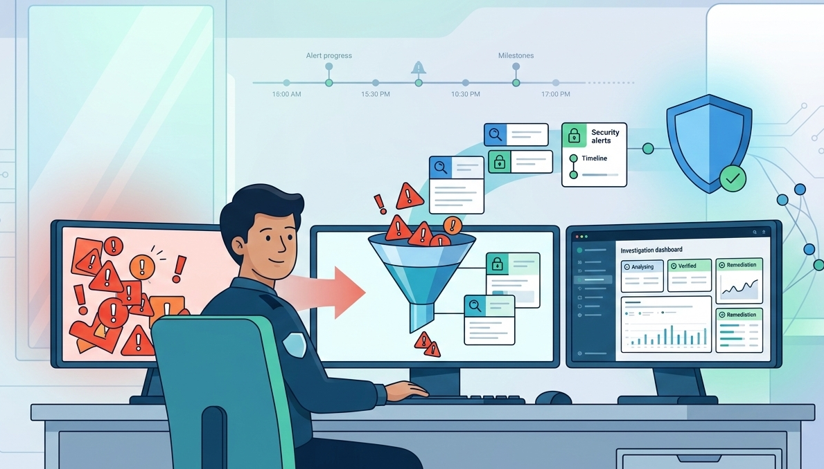 A 2D flat vector illustration showing a Cybersecurity Incident Investigation Report interface. On the left, a digital panel details four key Incident Investigation Analysis Steps: Timeline, Root Cause, Impact, and Corrective Actions, each marked with a corresponding icon. On the right, a focused security analyst reviews this report on her laptop beside organized data charts and checkmarks, demonstrating successful remediation.