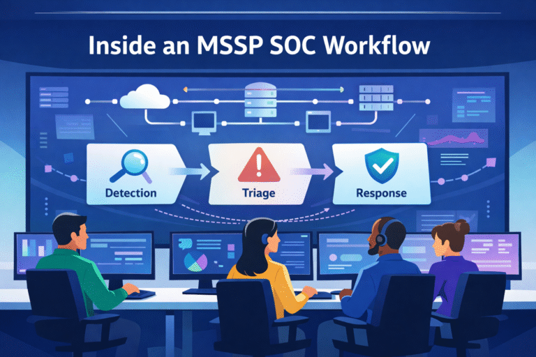 Inside an MSSP SOC Workflow illustration of analysts managing real-time SOC monitoring