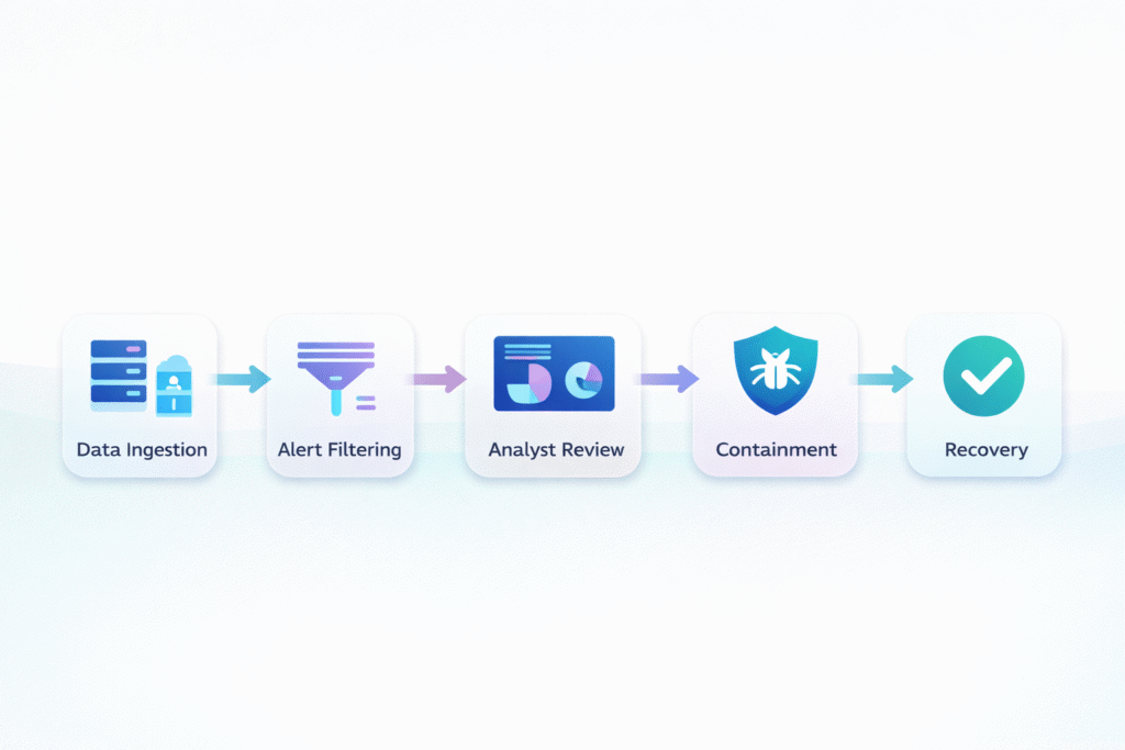 Inside an MSSP SOC Workflow flow diagram of SOC pipeline from alerts to recovery