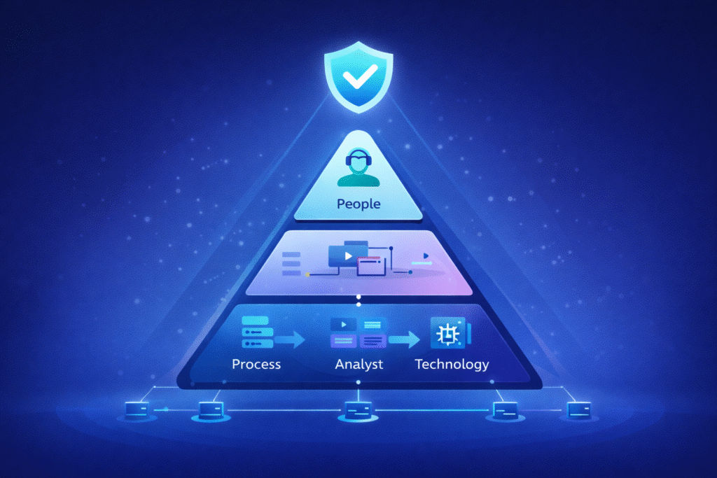 Inside an MSSP SOC Workflow triangle showing people, process, and technology security model