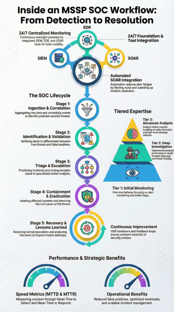 Detailed Security Operations Center workflow infographic showing monitoring, triage, investigation, and response phases.