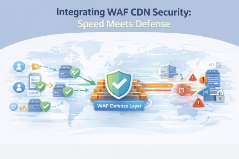 Integrating WAF CDN security illustration of edge caching and defense layers stopping web attacks