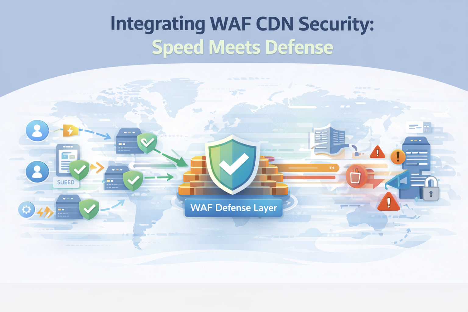 Integrating WAF CDN security illustration of edge caching and defense layers stopping web attacks