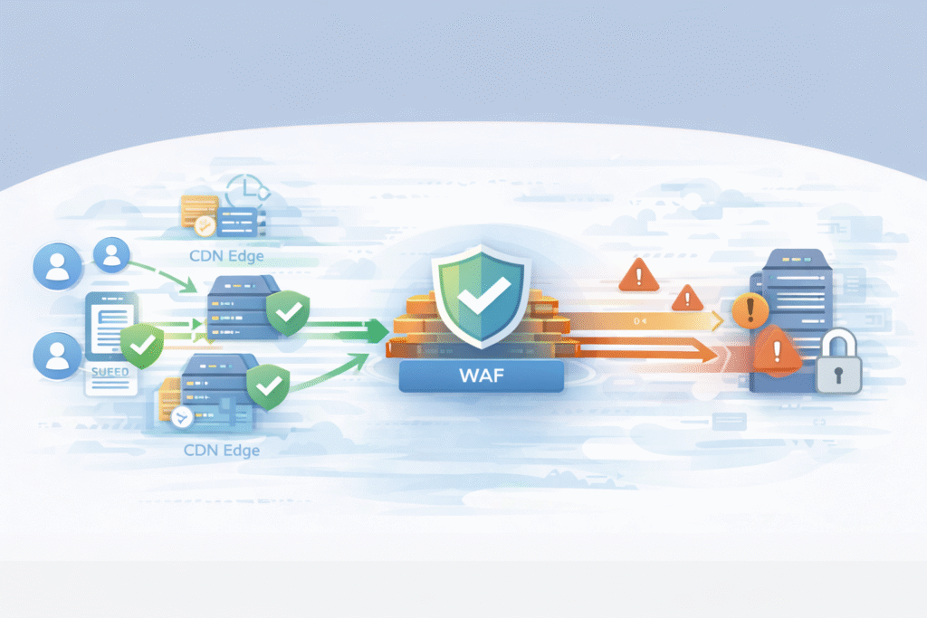 Integrating WAF CDN security visual separating safe requests from blocked attack payloads at the firewall