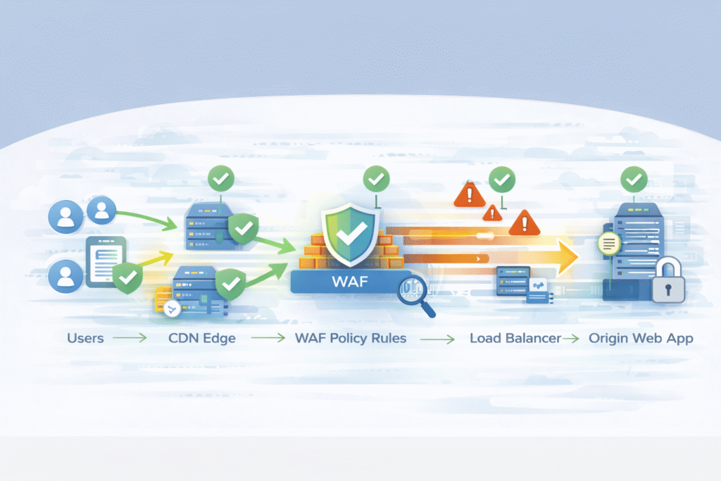 Integrating WAF CDN security with layered traffic flow from users through edge caching and firewall rules