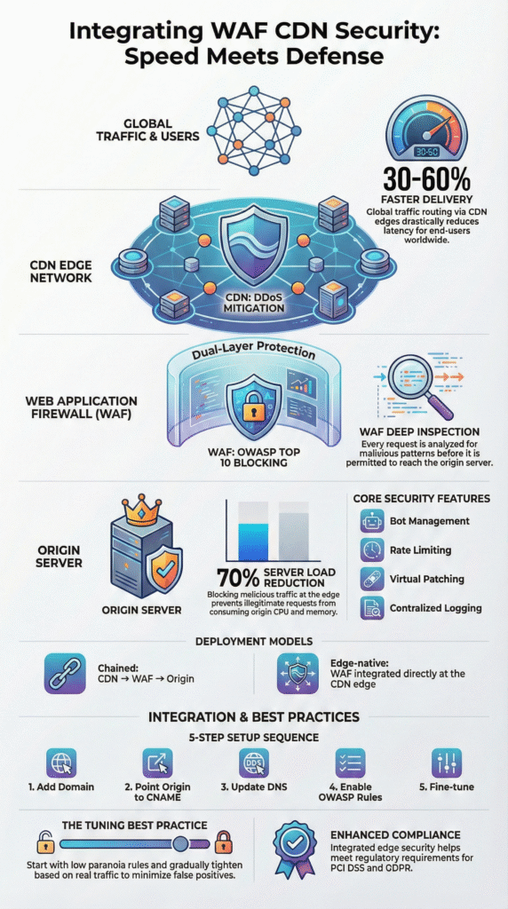 Integrating WAF CDN security visual of layered defense strategy combining speed, filtering, and protection