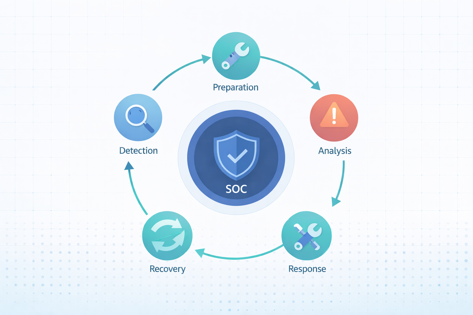 MSSP SOC Process Flow Diagram showing continuous SOC cycle around a central hub