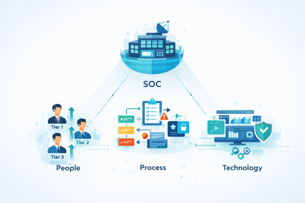 MSSP SOC Process Flow Diagram showing people, process, and technology components