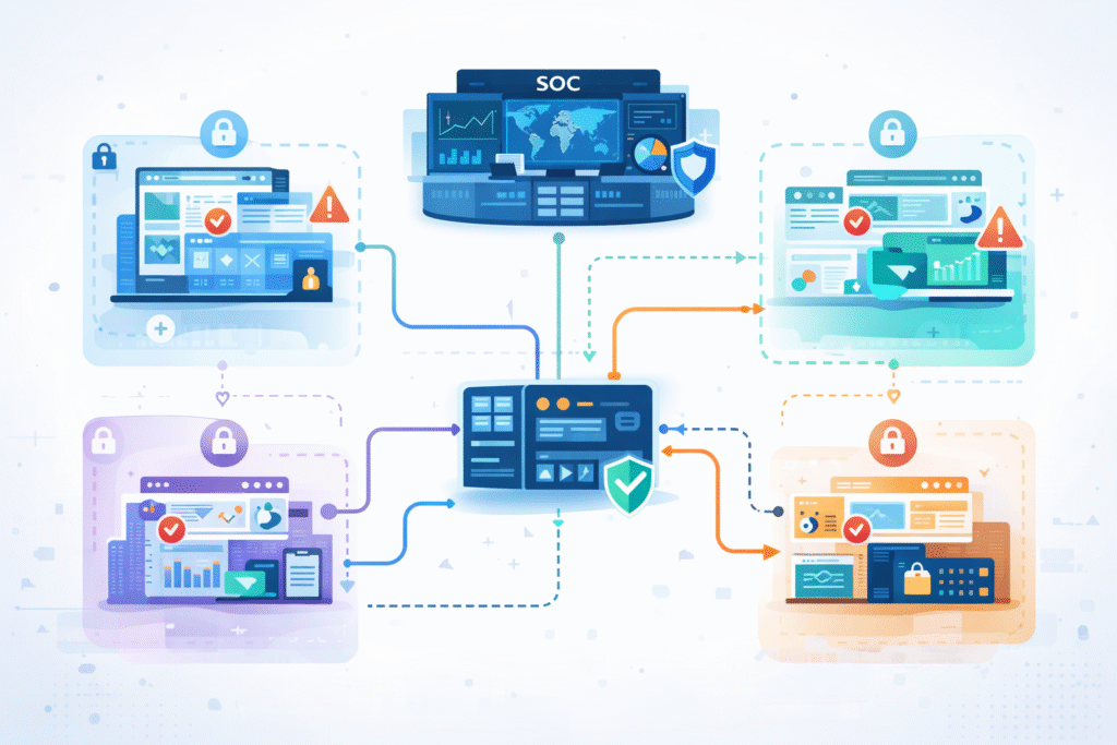 MSSP SOC Process Flow Diagram showing multi-tenant architecture and isolated client environments