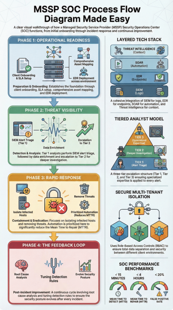 MSSP SOC Process Flow Diagram infographic showing phases, tech stack, and analyst tiers