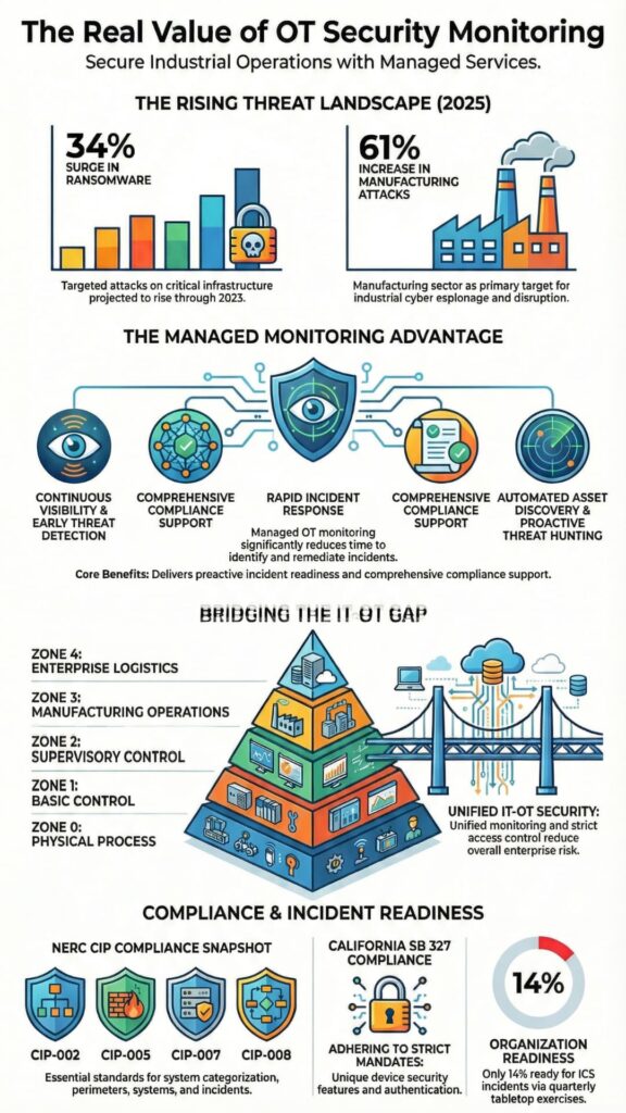Infographic on the real value of Operational Technology (OT) security monitoring for secure industrial operations.