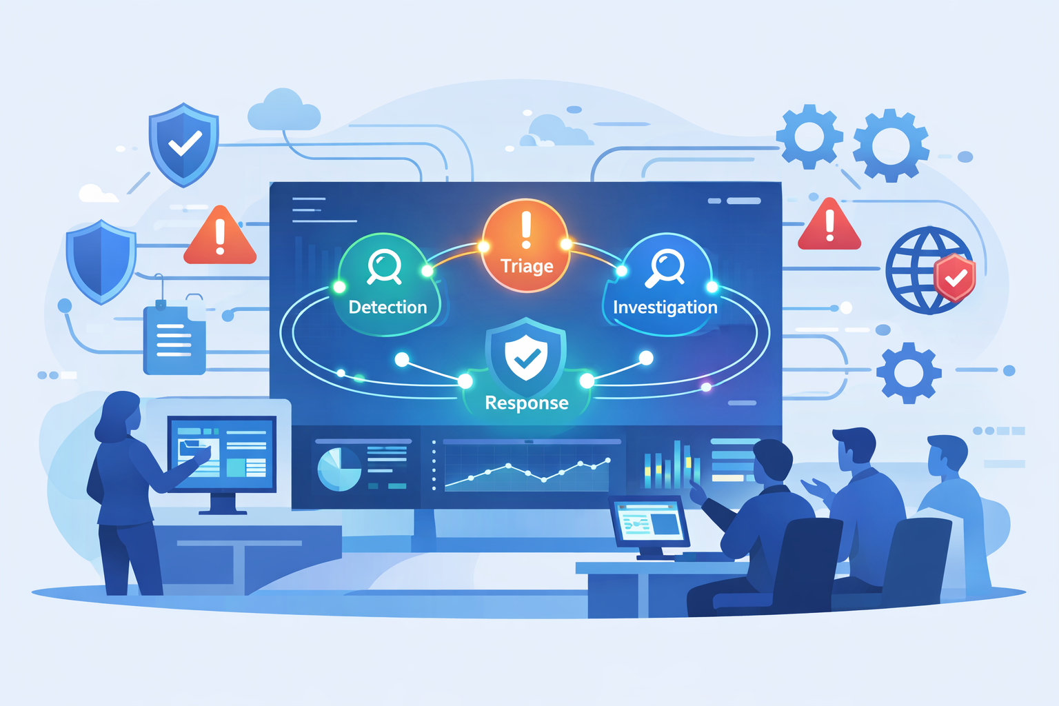 Vector SOC hub visualizing Operations & Delivery Mechanisms in cybersecurity workflows and automation