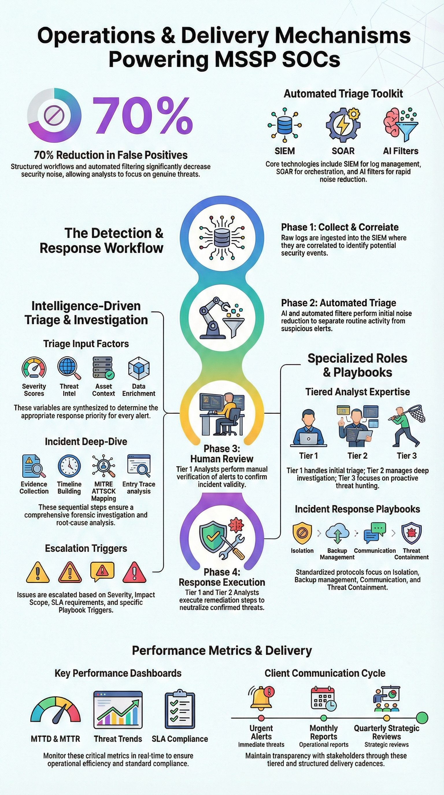 Operations & Delivery Mechanisms infographic showing MSSP SOC workflows, triage stages, and performance metrics.