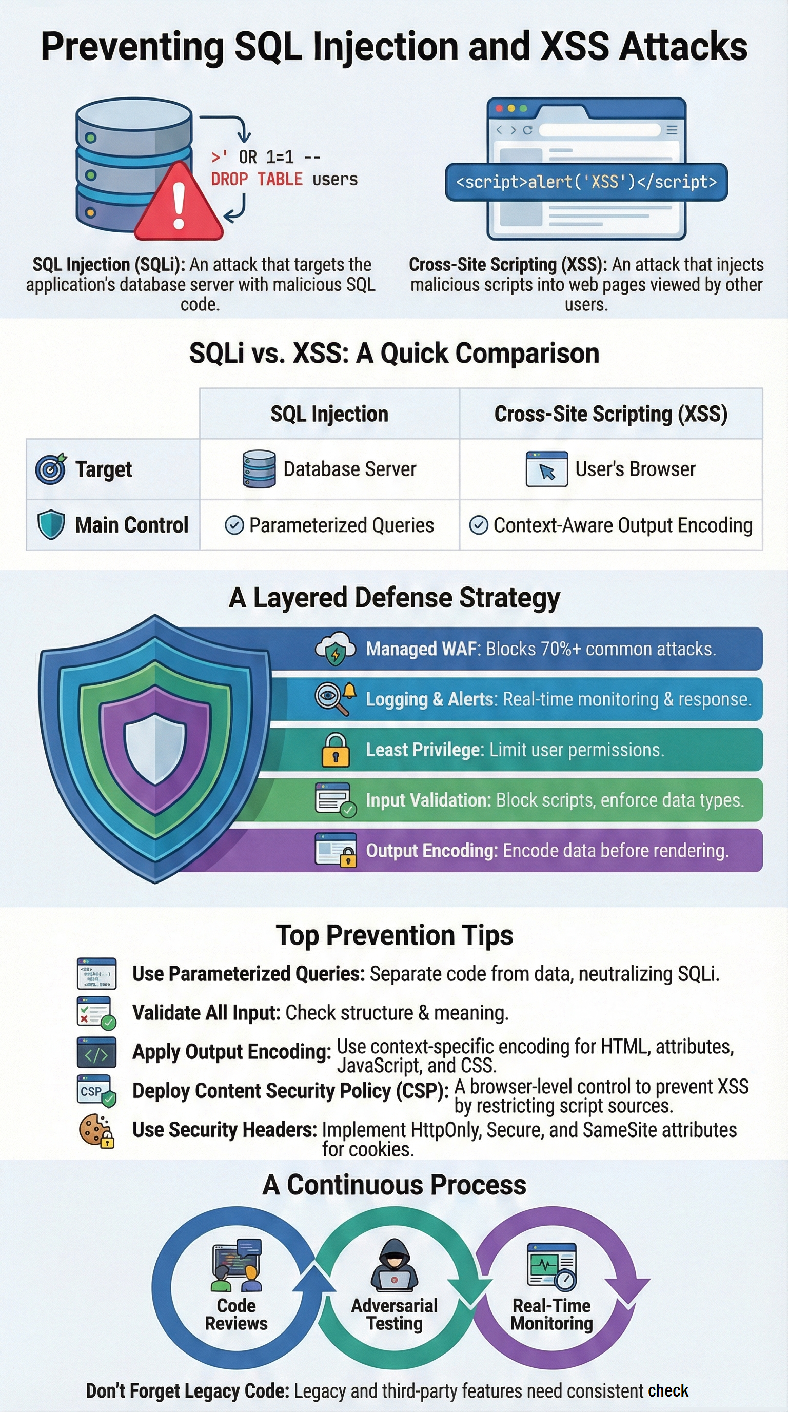 Preventing SQL Injection XSS Attacks overview showing key differences and shared protection strategies