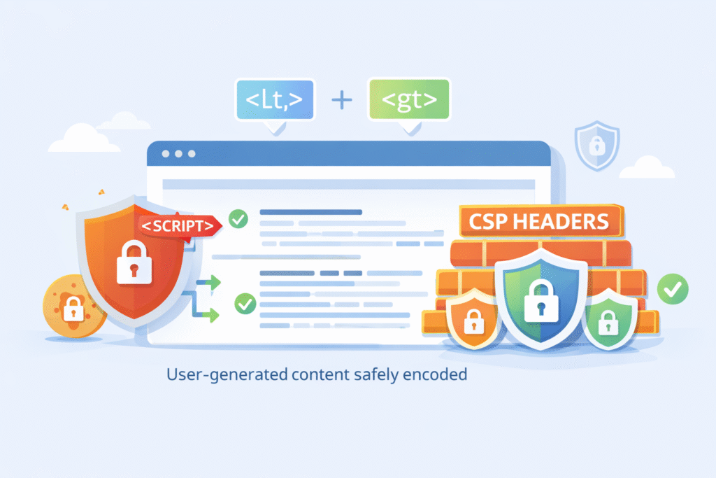 Preventing SQL Injection XSS Attacks visual of secure rendering defenses stopping malicious scripts