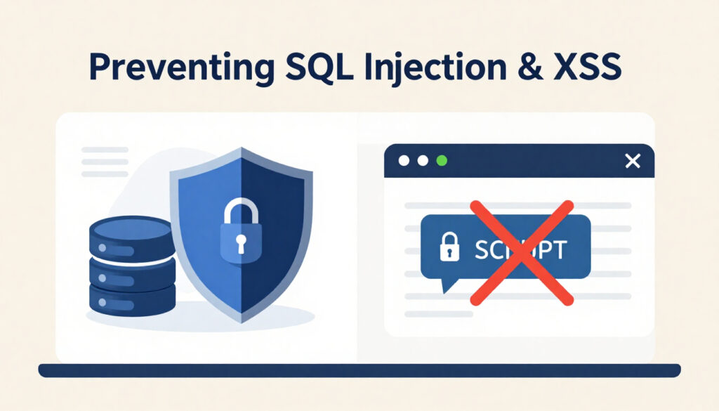 Preventing SQL Injection XSS Attacks with a secure shield protecting apps from database and script threats